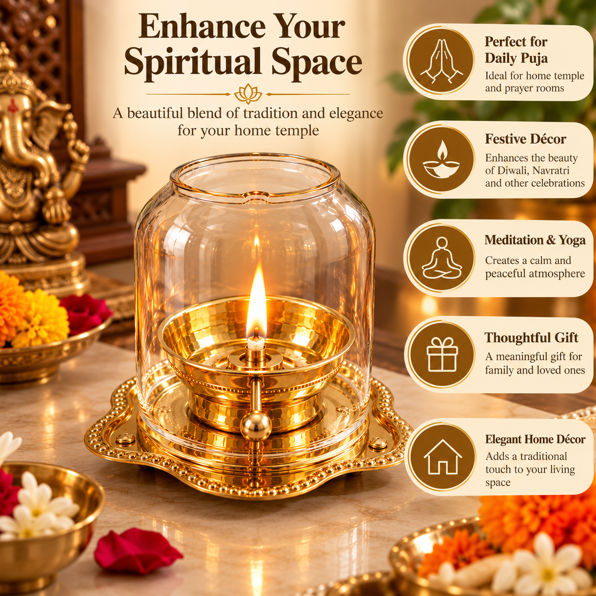 Pure Source India Brass Akhand Diya with Glass Cover | 150 ml Oil Capacity | Traditional Indian Oil Lamp for Puja, Hindu Prayer, Diwali, Navratri & Home Décor