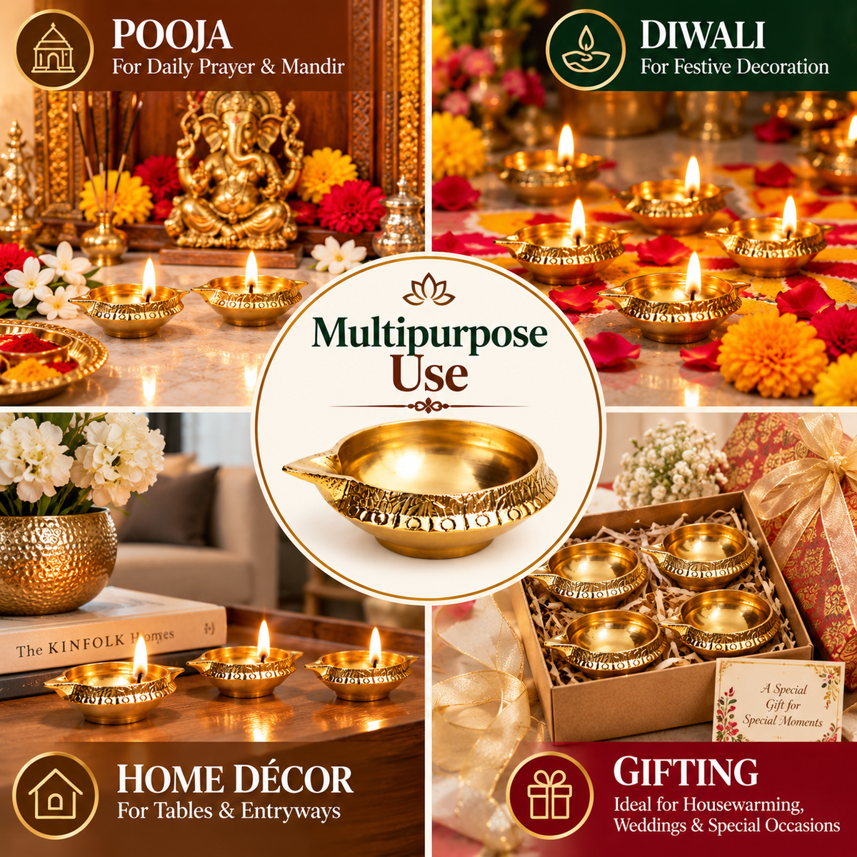 Pure Source India Brass Diya Set of 10 | Traditional Indian Oil Lamps for Pooja, Mandir & Home Décor | Small Brass Decorative Lamps for Diwali, Festivals & Housewarming