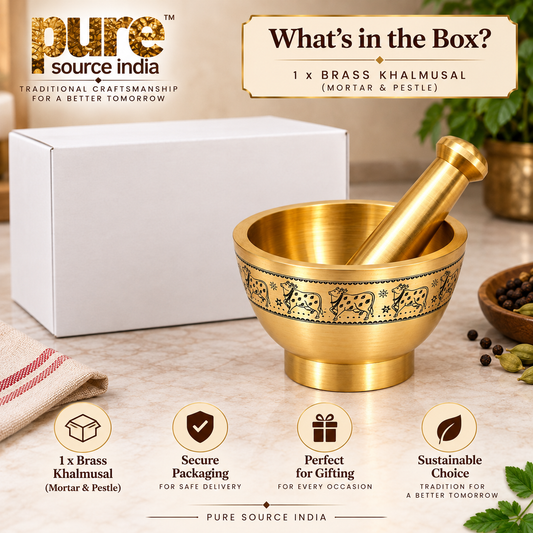 PURE SOURCE INDIA Solid Brass Kharal Musli Mortar & Pestle – 4 Inch Traditional Cow Design Spice Grinder