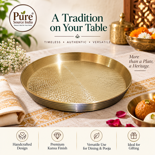 Pure Source India Kansa Thali | 30 cm / 11.8 Inch Bronze Serving Plate | Traditional Indian Metal Dinner Plate | Round Food Serving & Dining Thali | 1 Piece