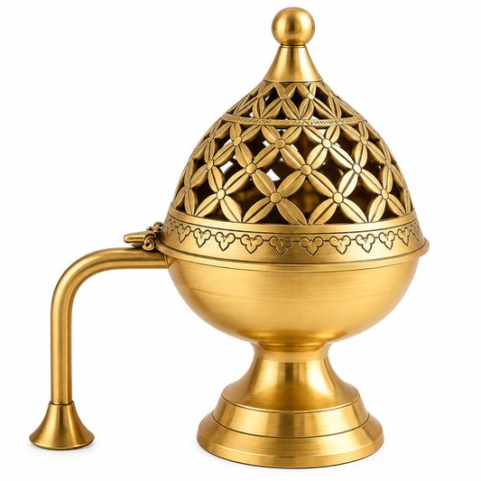 Pure Source India Antique Brass Dhoop Dani 5.8 Inch | Carved Dome Incense Burner with Long Handle | Sambrani, Loban & Dhoop Burner for Pooja, Meditation & Home Fragrance