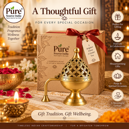 Pure Source India Antique Brass Dhoop Dani 5.8 Inch | Carved Dome Incense Burner with Long Handle | Sambrani, Loban & Dhoop Burner for Pooja, Meditation & Home Fragrance