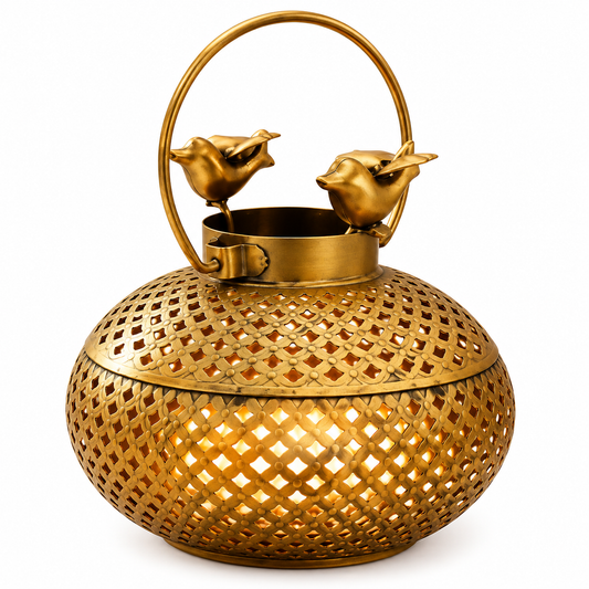Pure Source India Metal Tea Light Candle Holder with Bird Design | Antique Decorative Round Lantern | 8.5 Inch Candle Lantern for Home Décor, Tabletop, Festivals & Gifting