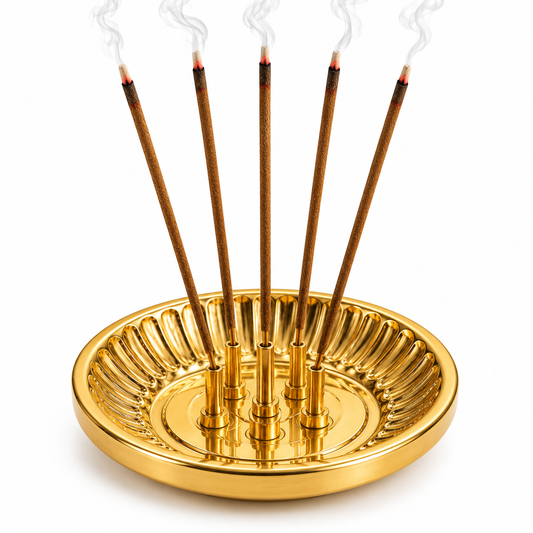 Pure Source India Brass Incense Holder with Ash Catcher | Round Agarbatti Stand for Pooja, Meditation & Home Décor | 4 Inch Gold Finish