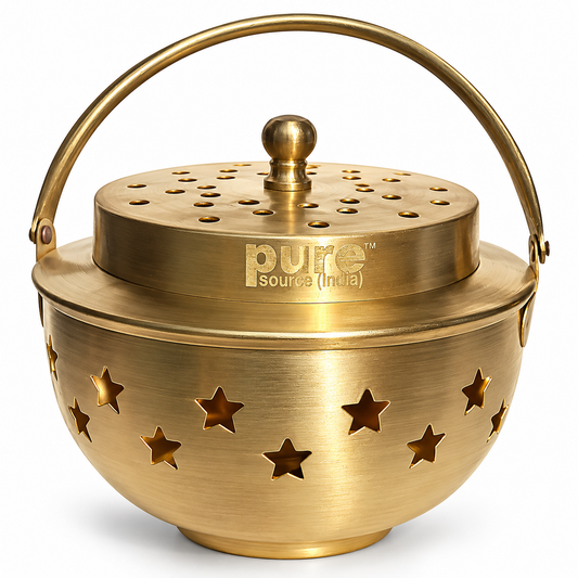 Pure Source India Brass Kapoor Dani, Bakhoor Burner & Incense Censer with Handle, Star Cutout Decorative Dhoop Dani for Home, Prayer & Meditation