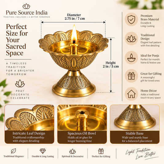 Pure Source India Brass Akhand Diya Oil Lamp | Traditional Indian Pooja Diya for Mandir & Home Décor | 1 Piece