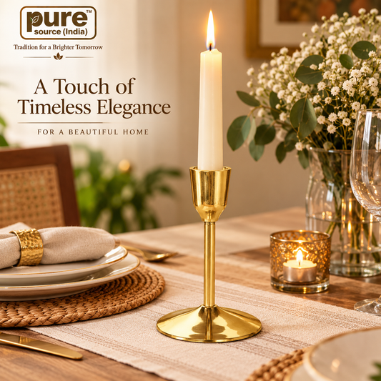 Pure Source India Heavy Weight Brass Taper Candle Holder, 4.5 Inch Gold Candle Stand for Home Décor, Dining, Prayer & Special Occasions