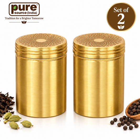 Pure Source India Brass Storage Containers with Lids, Set of 2, 250 ml Tea, Sugar & Spice Canisters, Decorative Kitchen Storage Jars