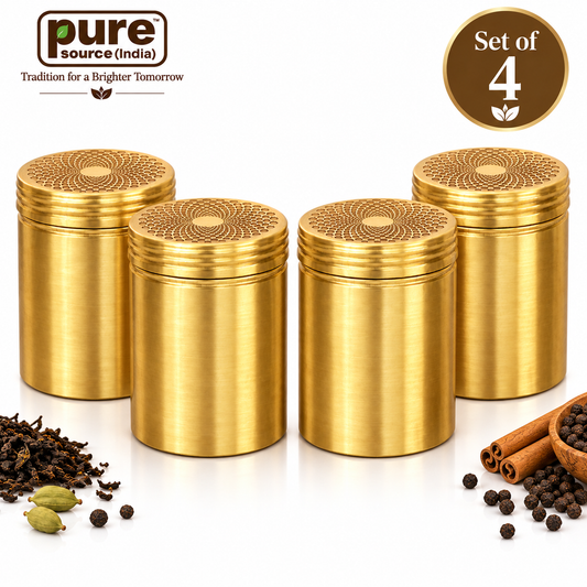 Pure Source India Brass Storage Containers with Lids, Set of 4, 250 ml Tea, Sugar & Spice Canisters, Decorative Kitchen Storage Jars