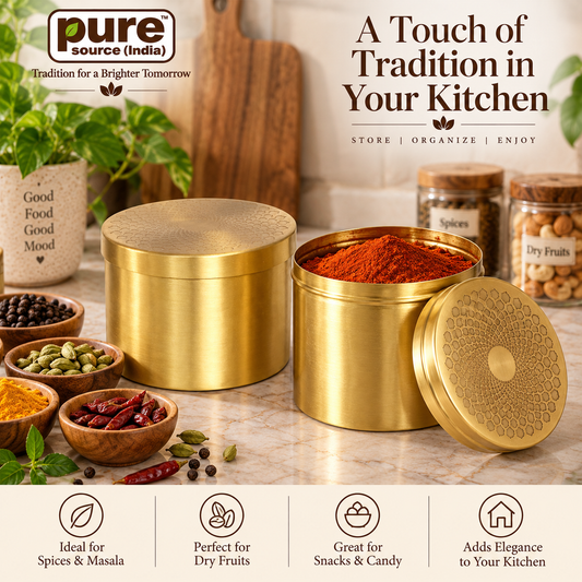 Pure Source India Brass Storage Canisters with Lids, Set of 2, 600 ml Masala & Spice Containers, Dry Fruit & Candy Storage Jars, Decorative Kitchen Organizer