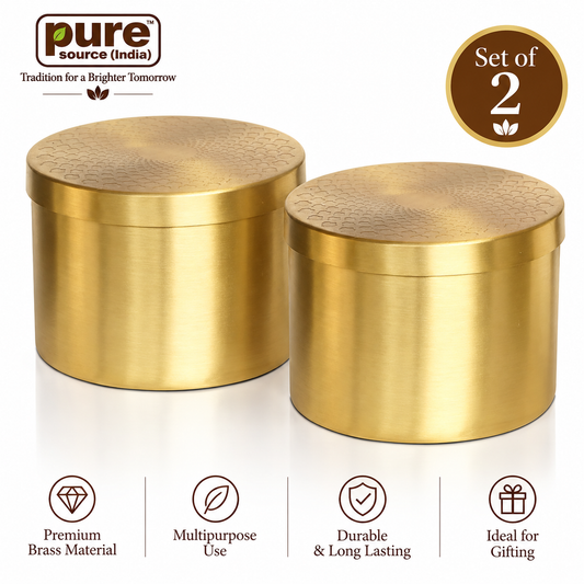 Pure Source India Brass Storage Canisters with Lids, Set of 2, 600 ml Masala & Spice Containers, Dry Fruit & Candy Storage Jars, Decorative Kitchen Organizer