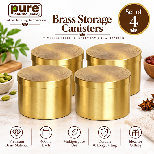 Pure Source India Brass Storage Canisters with Lids, Set of 4, 600 ml Each, Masala & Spice Containers, Dry Fruit & Candy Storage Jars
