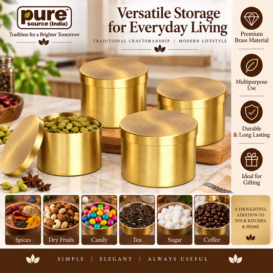 Pure Source India Brass Storage Canisters with Lids, Set of 4, 600 ml Each, Masala & Spice Containers, Dry Fruit & Candy Storage Jars