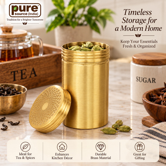 Pure Source India Brass Storage Container with Lid, 250 ml Tea, Sugar & Spice Canister, Decorative Kitchen Storage Jar, 1 Piece