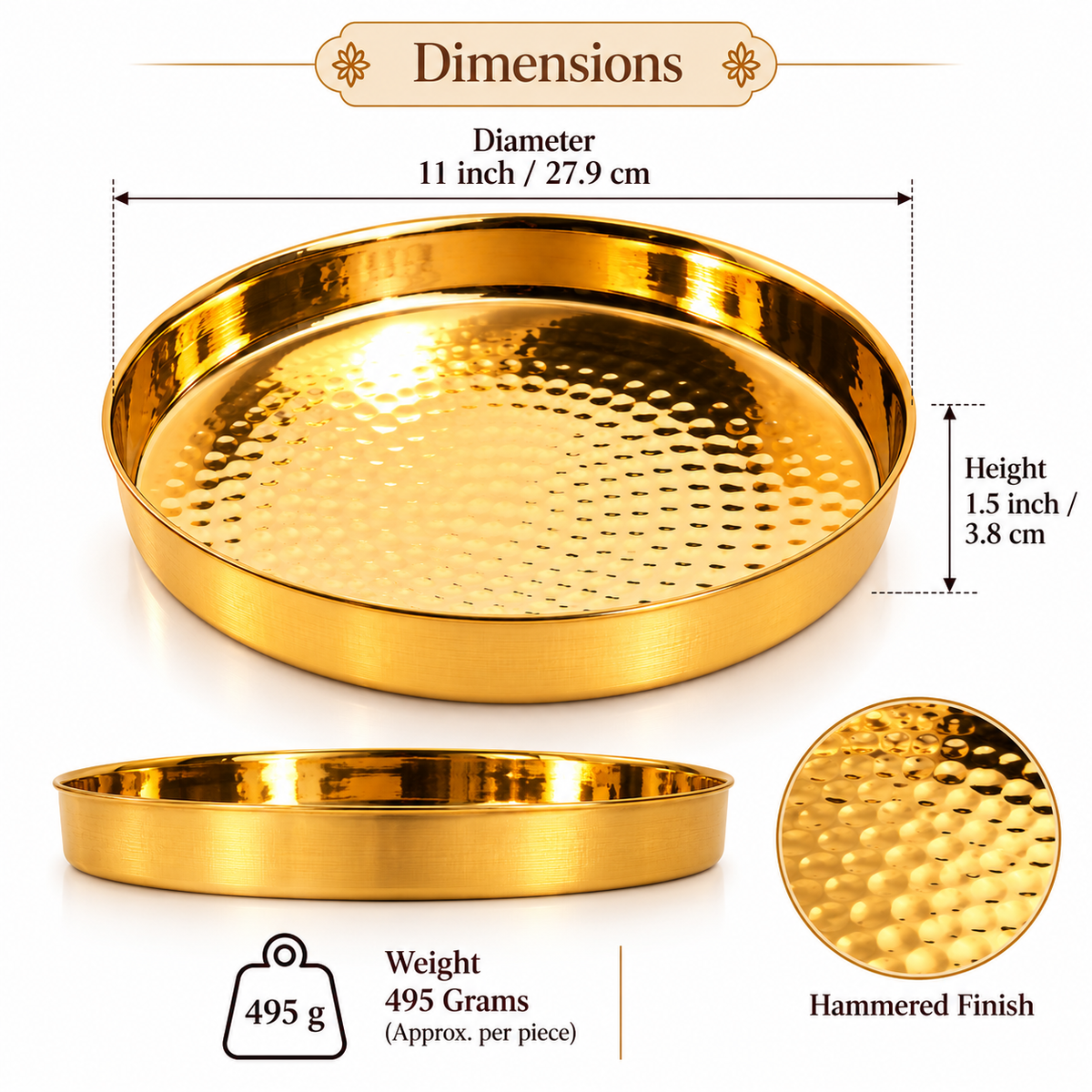 Pure Source India Pure Brass Hammered Thali 11 Inch – Round Indian Pooja & Serving Plate