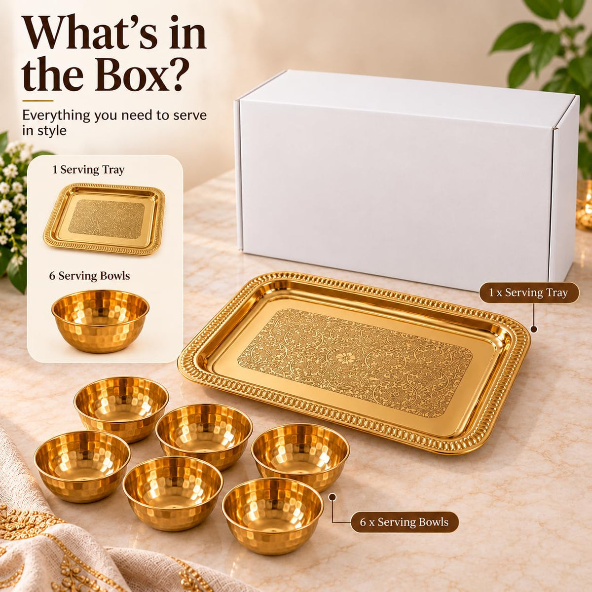 Pure Source India Brass Serving Tray with 6 Bowls | Decorative Snack, Dry Fruit & Appetizer Platter