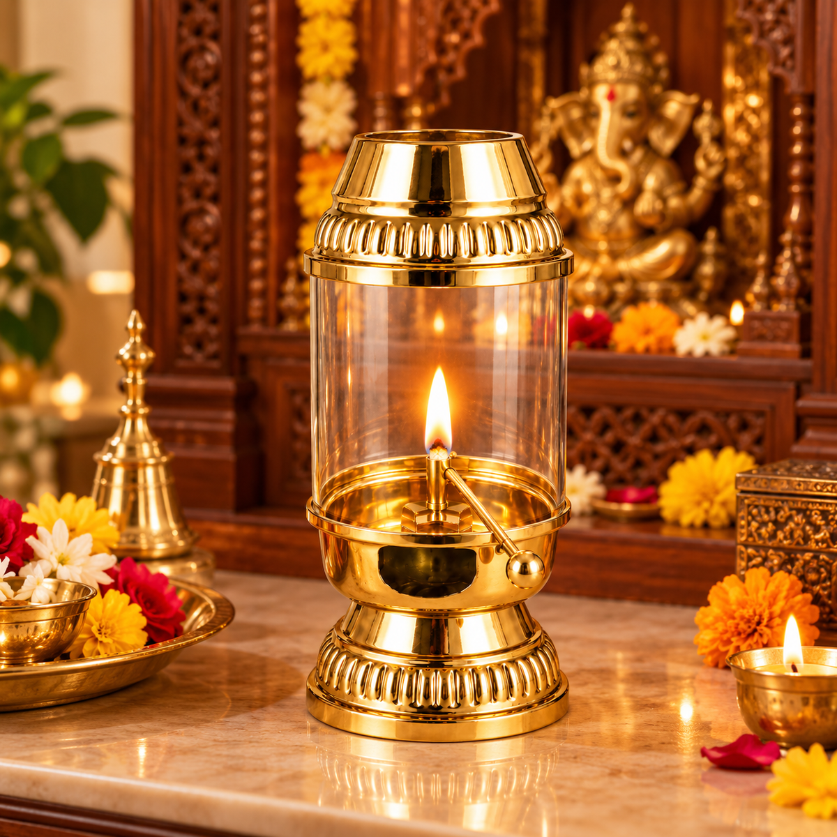 Pure Source India Brass Akhand Diya with Glass Cover | 250 ml Oil Capacity | Traditional Indian Oil Lamp for Puja, Home Temple, Diwali, Navratri & Spiritual Décor
