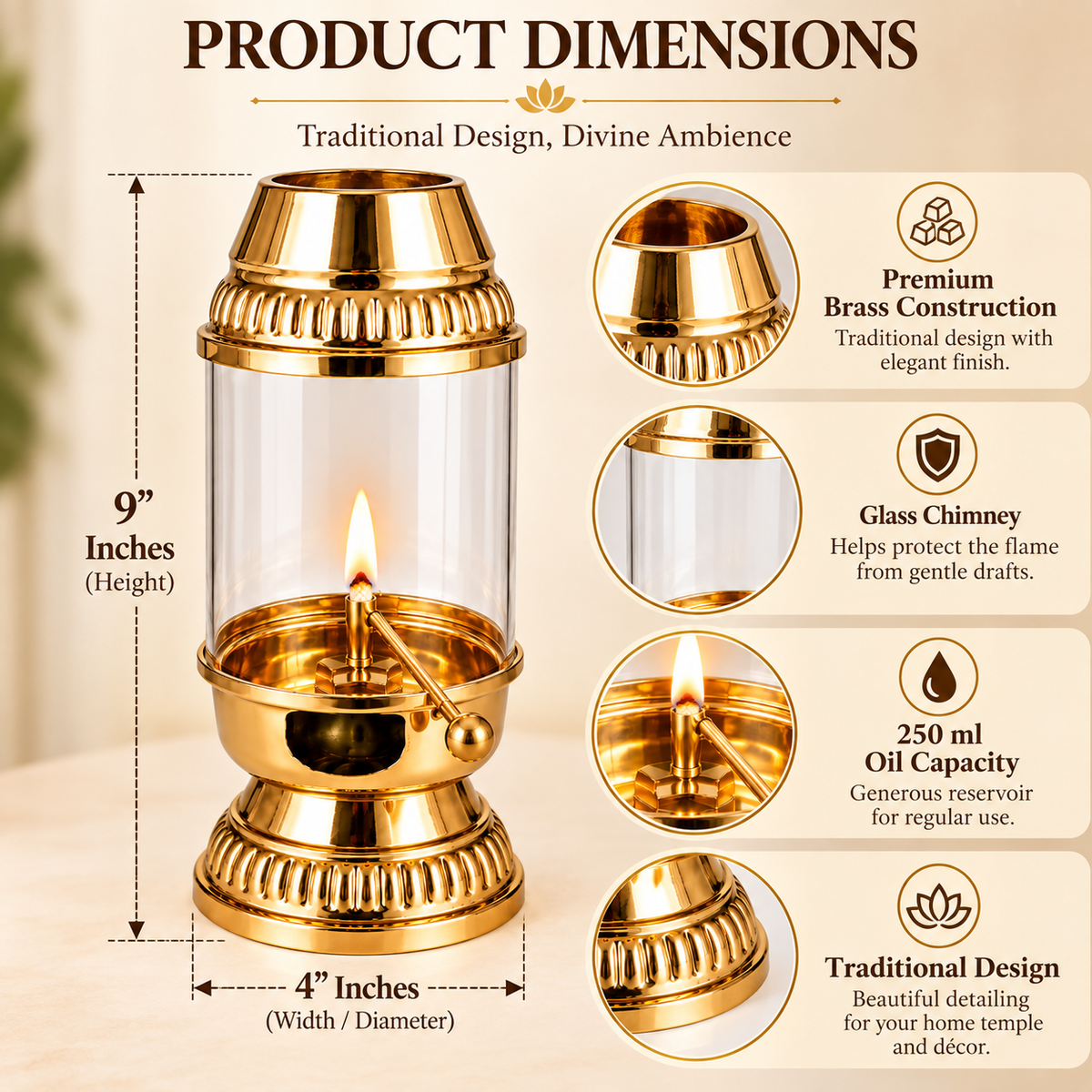 Pure Source India Brass Akhand Diya with Glass Cover | 250 ml Oil Capacity | Traditional Indian Oil Lamp for Puja, Home Temple, Diwali, Navratri & Spiritual Décor