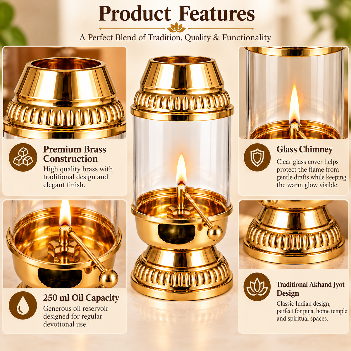 Pure Source India Brass Akhand Diya with Glass Cover | 250 ml Oil Capacity | Traditional Indian Oil Lamp for Puja, Home Temple, Diwali, Navratri & Spiritual Décor