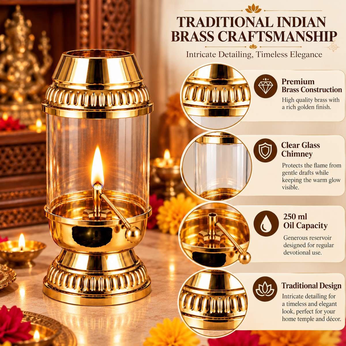Pure Source India Brass Akhand Diya with Glass Cover | 250 ml Oil Capacity | Traditional Indian Oil Lamp for Puja, Home Temple, Diwali, Navratri & Spiritual Décor