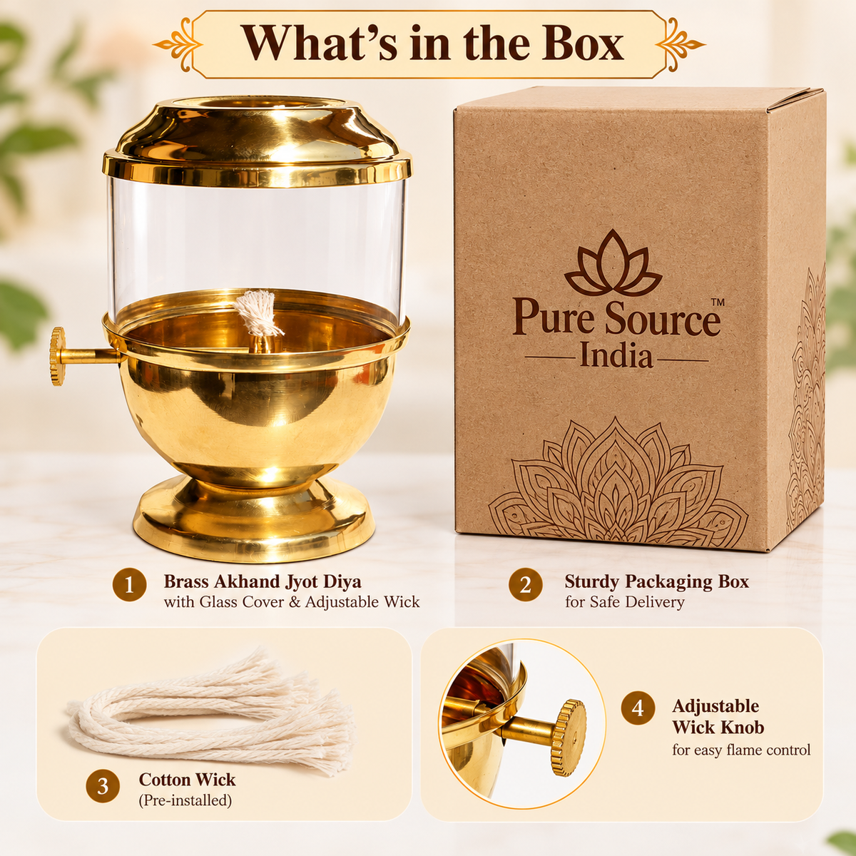 Pure Brass Akhand Jyot Diya with Glass Cover & Adjustable Wick | Traditional Indian Oil Lamp for Puja, Hindu Prayer, Diwali & Navratri Decor