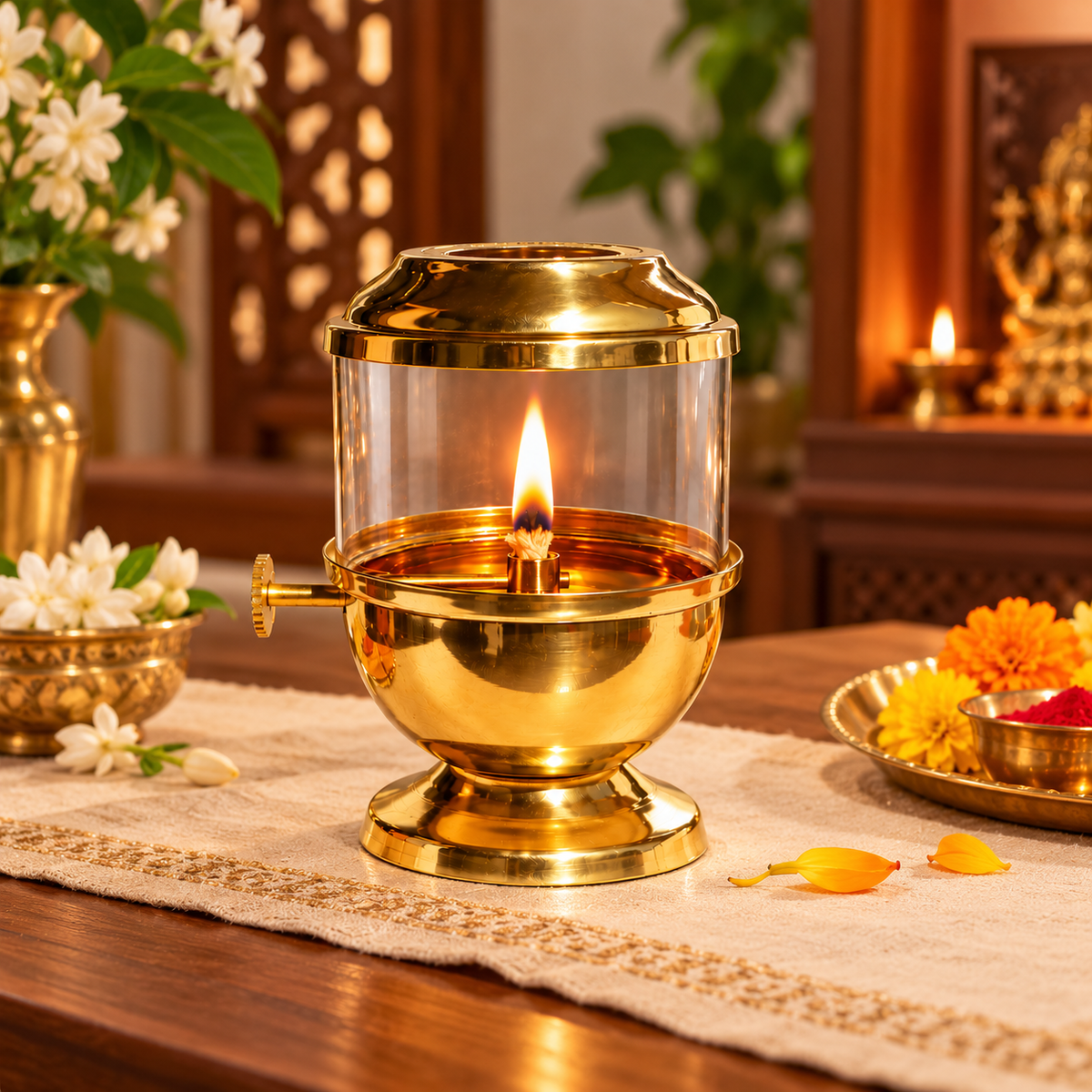 Pure Brass Akhand Jyot Diya with Glass Cover & Adjustable Wick | Traditional Indian Oil Lamp for Puja, Hindu Prayer, Diwali & Navratri Decor