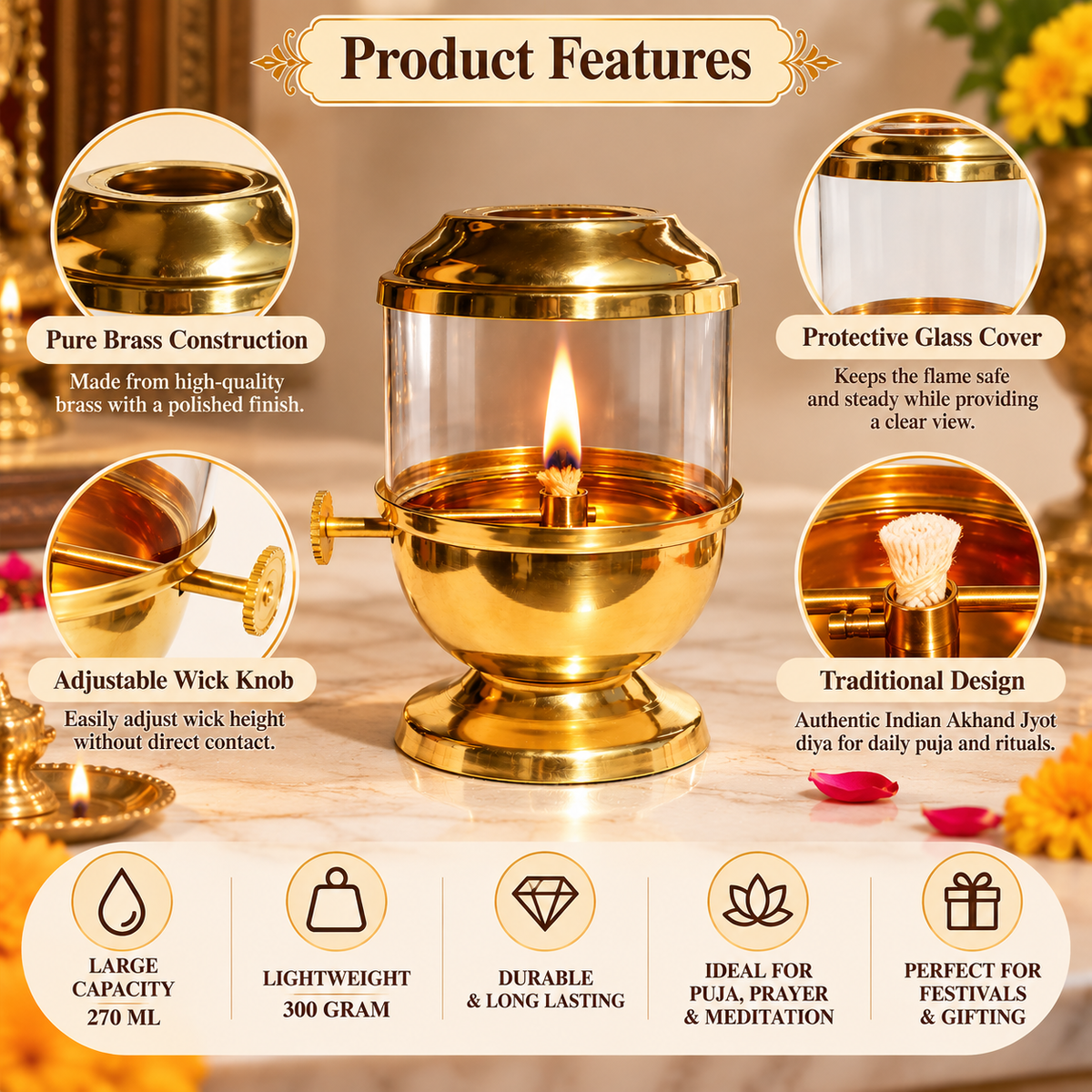 Pure Brass Akhand Jyot Diya with Glass Cover & Adjustable Wick | Traditional Indian Oil Lamp for Puja, Hindu Prayer, Diwali & Navratri Decor