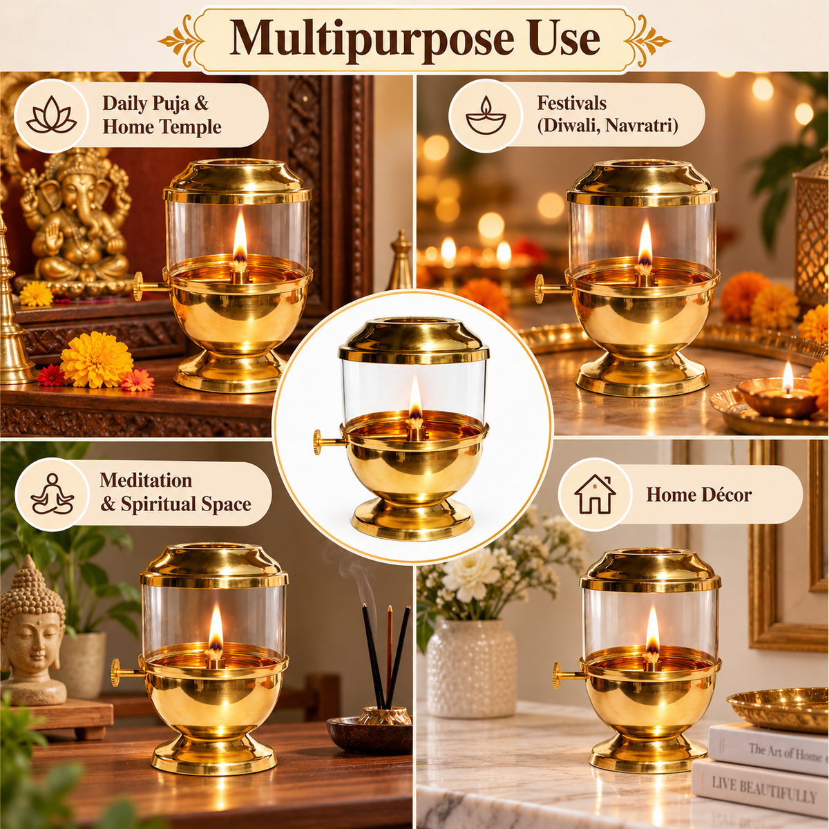 Pure Brass Akhand Jyot Diya with Glass Cover & Adjustable Wick | Traditional Indian Oil Lamp for Puja, Hindu Prayer, Diwali & Navratri Decor