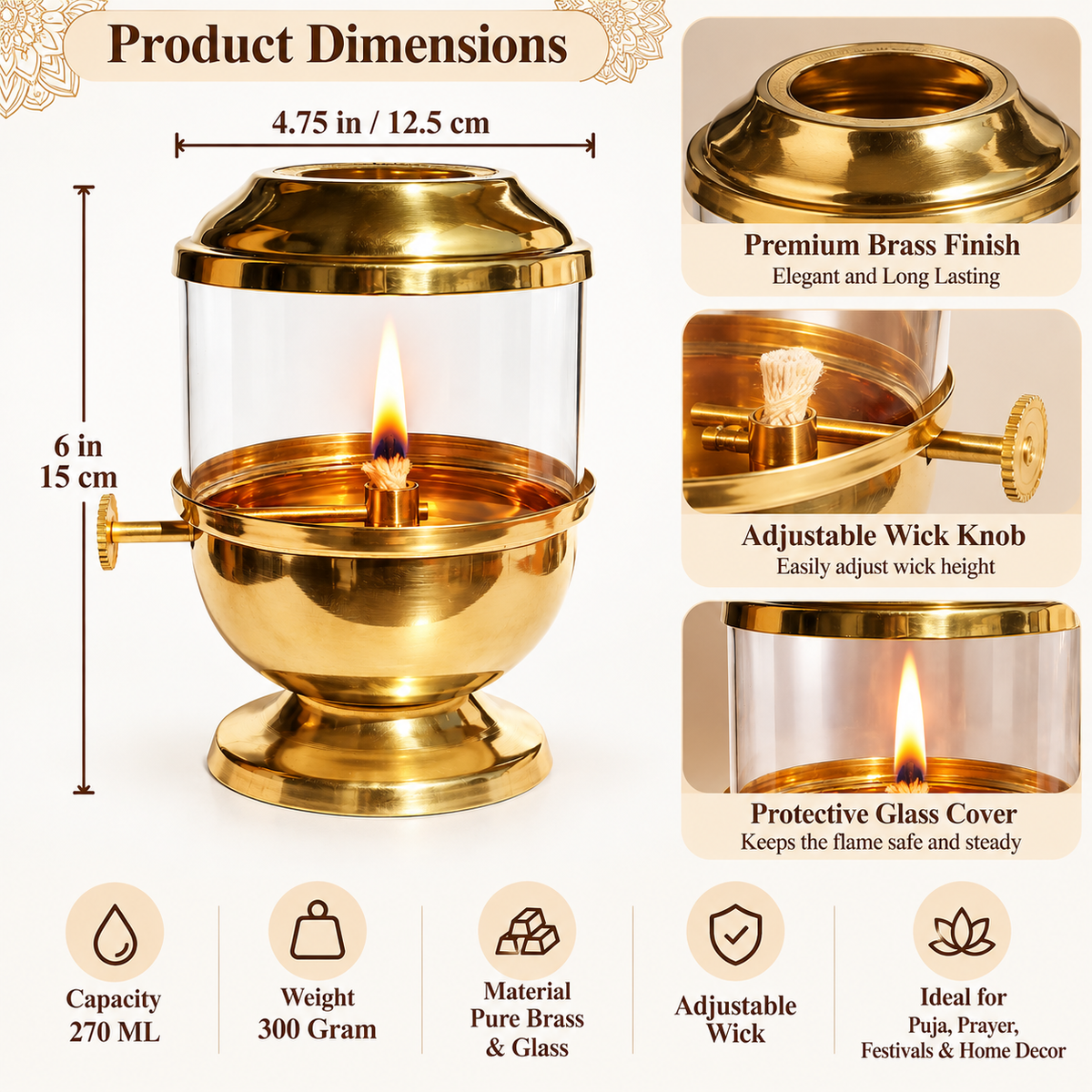 Pure Brass Akhand Jyot Diya with Glass Cover & Adjustable Wick | Traditional Indian Oil Lamp for Puja, Hindu Prayer, Diwali & Navratri Decor