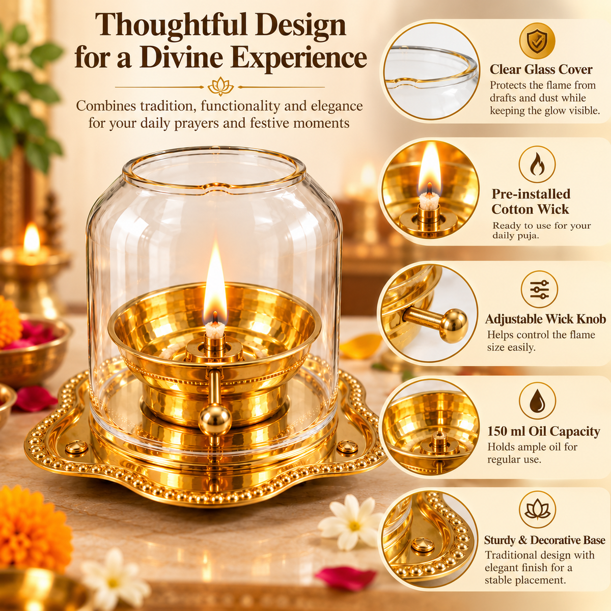 Pure Source India Brass Akhand Diya with Glass Cover | 150 ml Oil Capacity | Traditional Indian Oil Lamp for Puja, Hindu Prayer, Diwali, Navratri & Home Décor