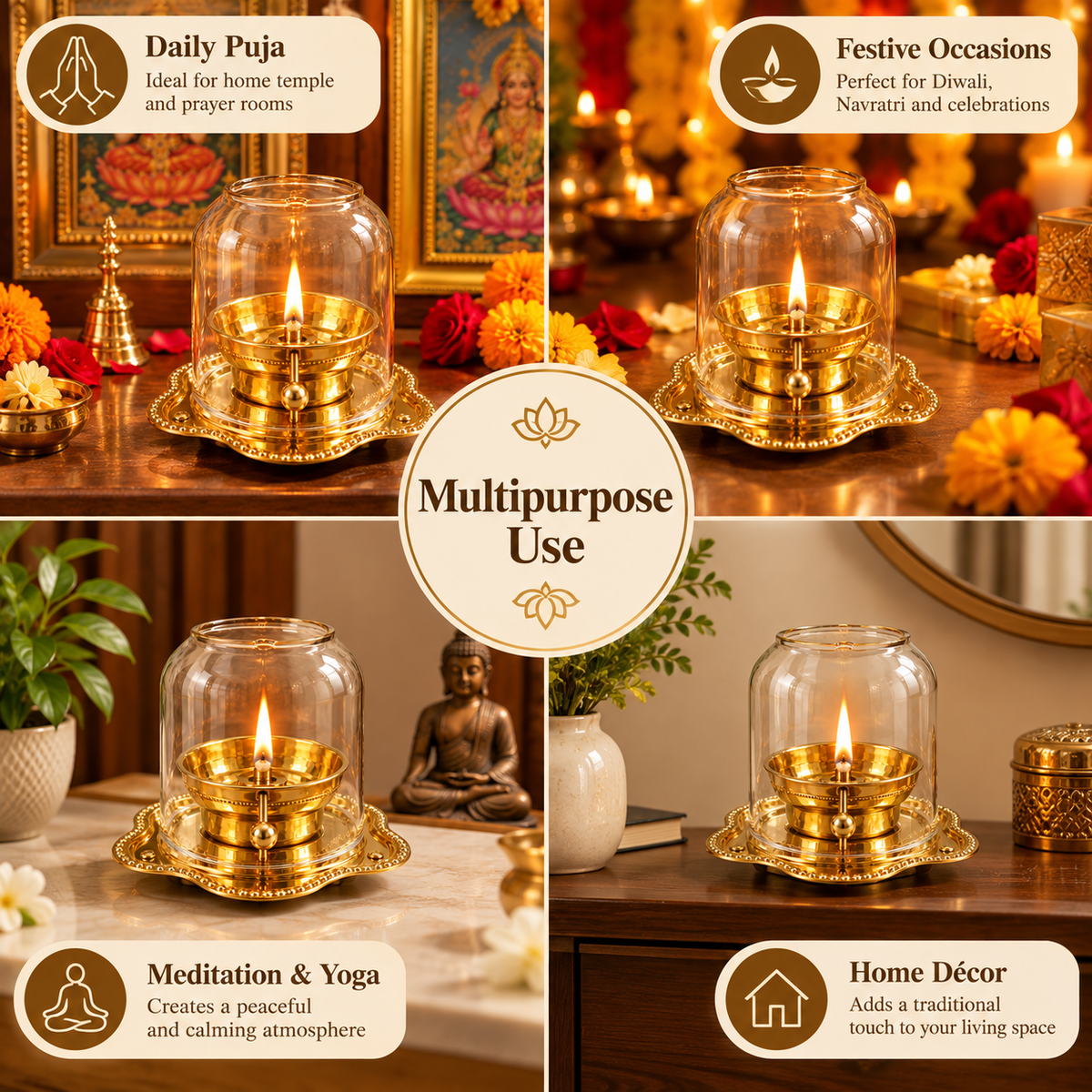 Pure Source India Brass Akhand Diya with Glass Cover | 150 ml Oil Capacity | Traditional Indian Oil Lamp for Puja, Hindu Prayer, Diwali, Navratri & Home Décor