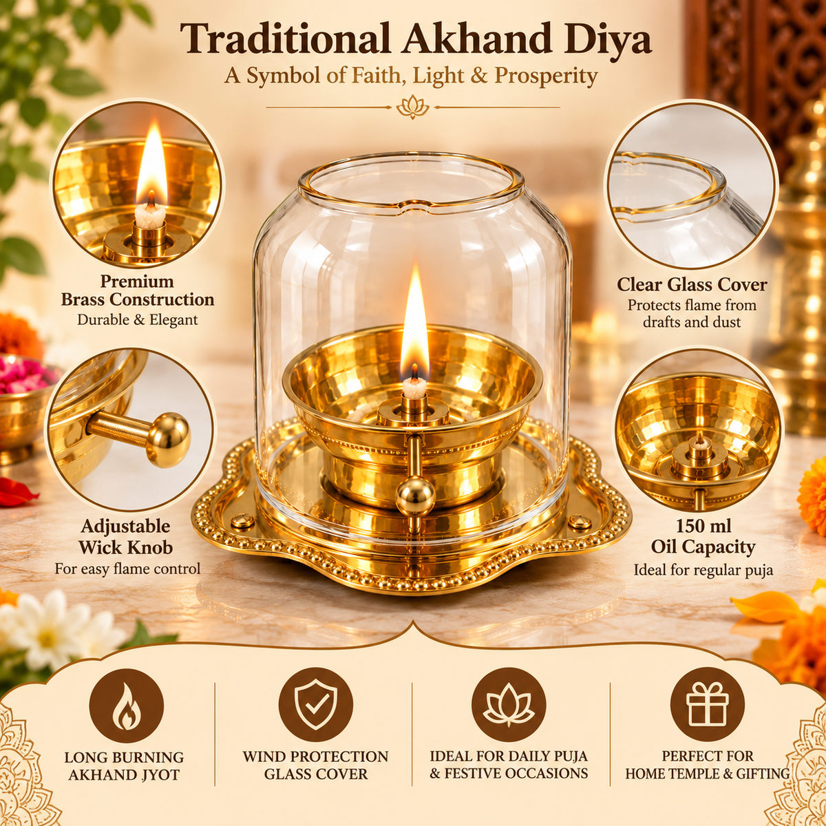 Pure Source India Brass Akhand Diya with Glass Cover | 150 ml Oil Capacity | Traditional Indian Oil Lamp for Puja, Hindu Prayer, Diwali, Navratri & Home Décor