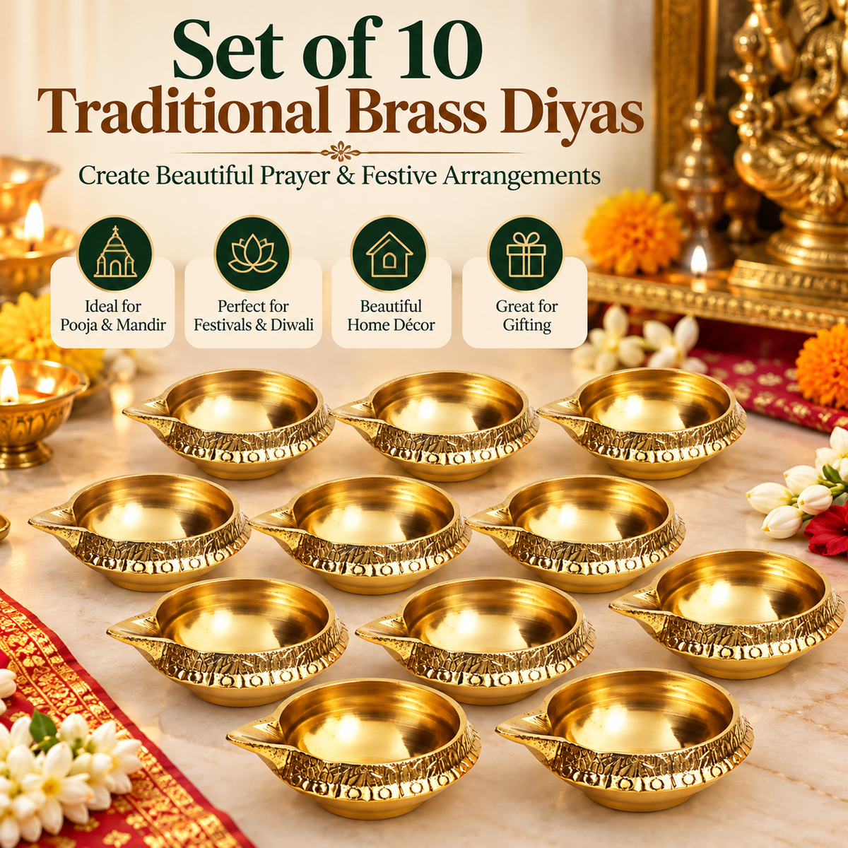 Pure Source India Brass Diya Set of 10 | Traditional Indian Oil Lamps for Pooja, Mandir & Home Décor | Small Brass Decorative Lamps for Diwali, Festivals & Housewarming