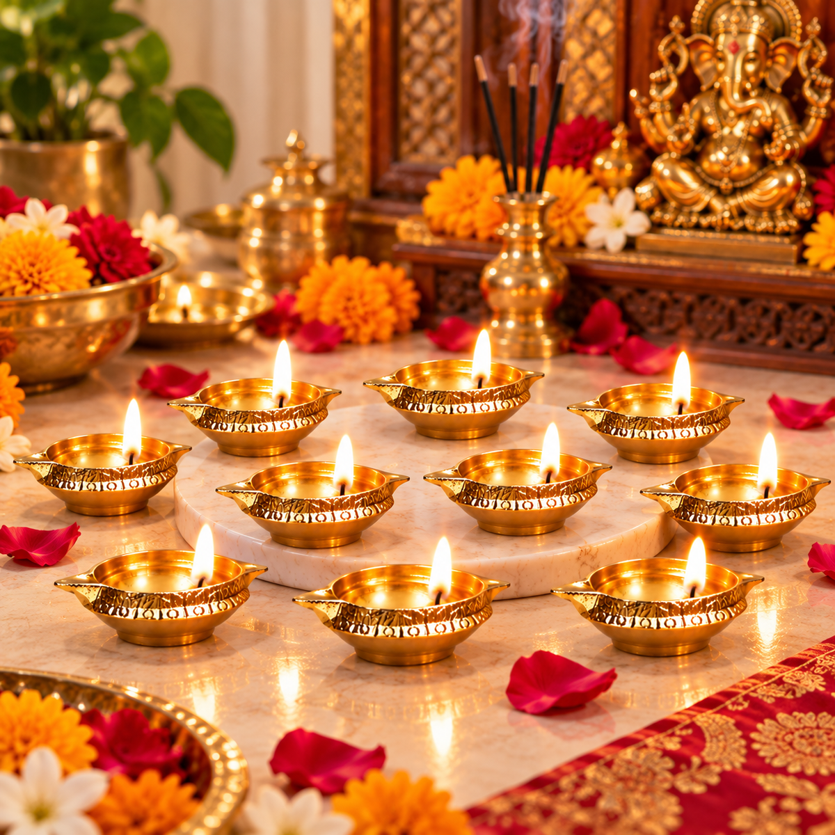 Pure Source India Brass Diya Set of 10 | Traditional Indian Oil Lamps for Pooja, Mandir & Home Décor | Small Brass Decorative Lamps for Diwali, Festivals & Housewarming