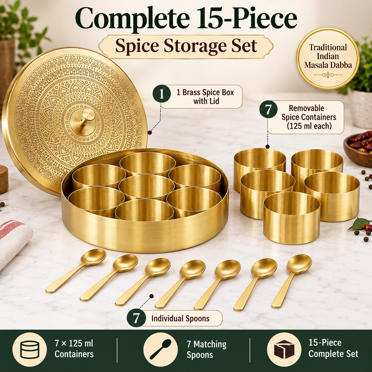 Pure Source India Brass Spice Box with 7 Containers & Spoons | 125 ml Each | Indian Masala Dabba & Spice Organizer
