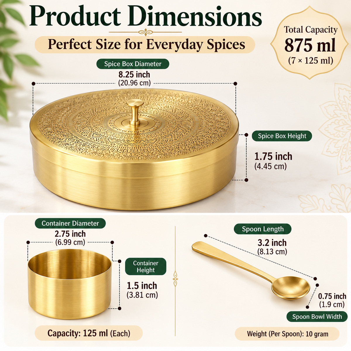 Pure Source India Brass Spice Box with 7 Containers & Spoons | 125 ml Each | Indian Masala Dabba & Spice Organizer