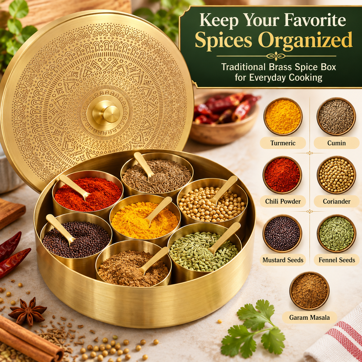 Pure Source India Brass Spice Box with 7 Containers & Spoons | 125 ml Each | Indian Masala Dabba & Spice Organizer