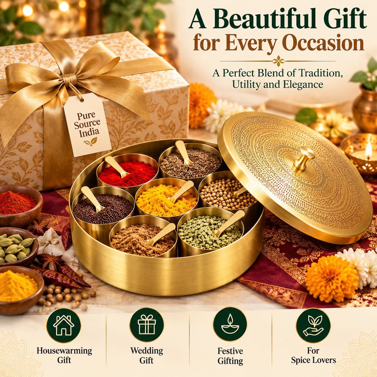 Pure Source India Brass Spice Box with 7 Containers & Spoons | 125 ml Each | Indian Masala Dabba & Spice Organizer