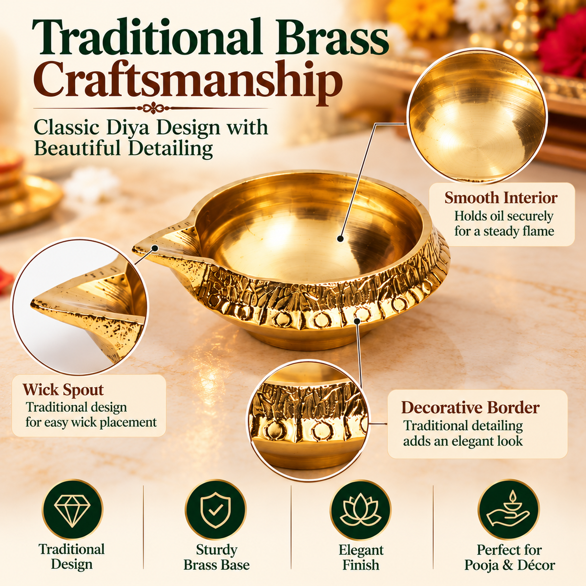 Pure Source India Brass Diya Set of 10 | Traditional Indian Oil Lamps for Pooja, Mandir & Home Décor | Small Brass Decorative Lamps for Diwali, Festivals & Housewarming