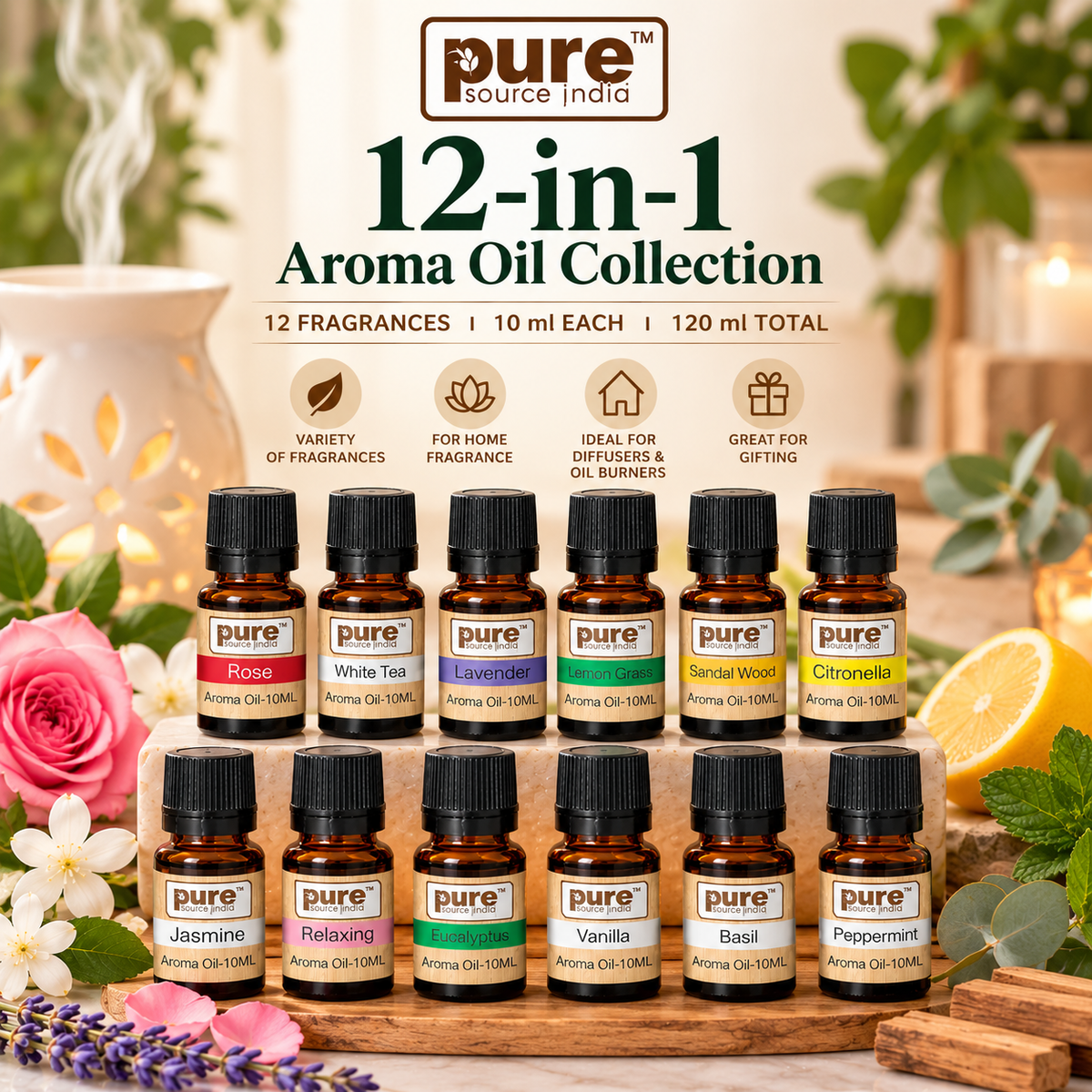 Pure Source India 12-in-1 Aroma Oil Set – 10 ml Each | 12 Fragrance Oils for Diffusers, Aroma Burners, Potpourri & Home Fragrance | Lemon Grass, Lavender, Jasmine, Rose, Citronella & More | 120 ml Total