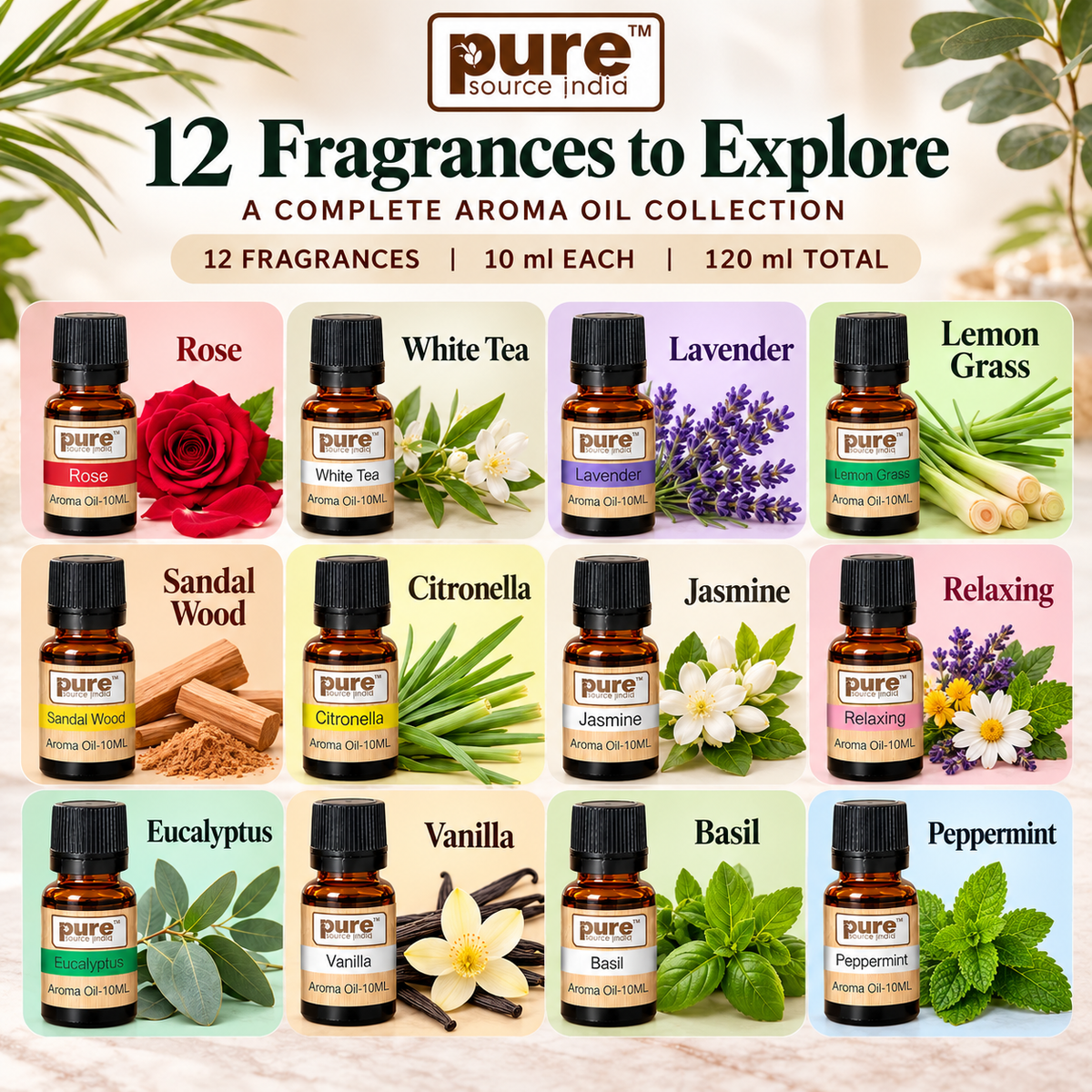 Pure Source India 12-in-1 Aroma Oil Set – 10 ml Each | 12 Fragrance Oils for Diffusers, Aroma Burners, Potpourri & Home Fragrance | Lemon Grass, Lavender, Jasmine, Rose, Citronella & More | 120 ml Total