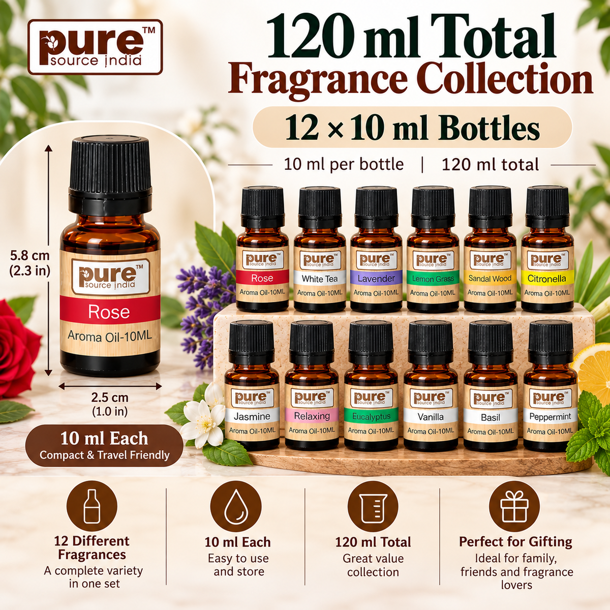 Pure Source India 12-in-1 Aroma Oil Set – 10 ml Each | 12 Fragrance Oils for Diffusers, Aroma Burners, Potpourri & Home Fragrance | Lemon Grass, Lavender, Jasmine, Rose, Citronella & More | 120 ml Total