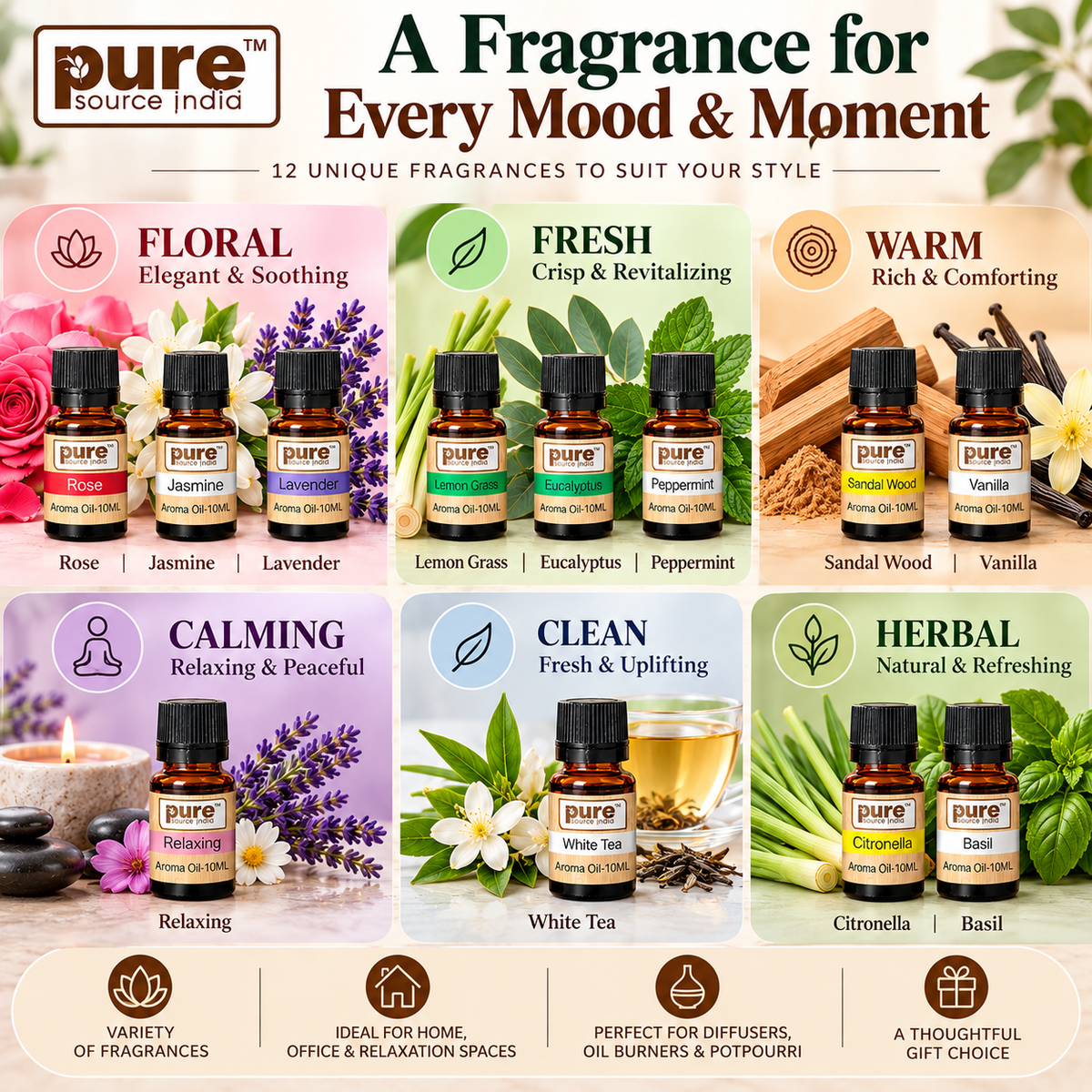 Pure Source India 12-in-1 Aroma Oil Set – 10 ml Each | 12 Fragrance Oils for Diffusers, Aroma Burners, Potpourri & Home Fragrance | Lemon Grass, Lavender, Jasmine, Rose, Citronella & More | 120 ml Total