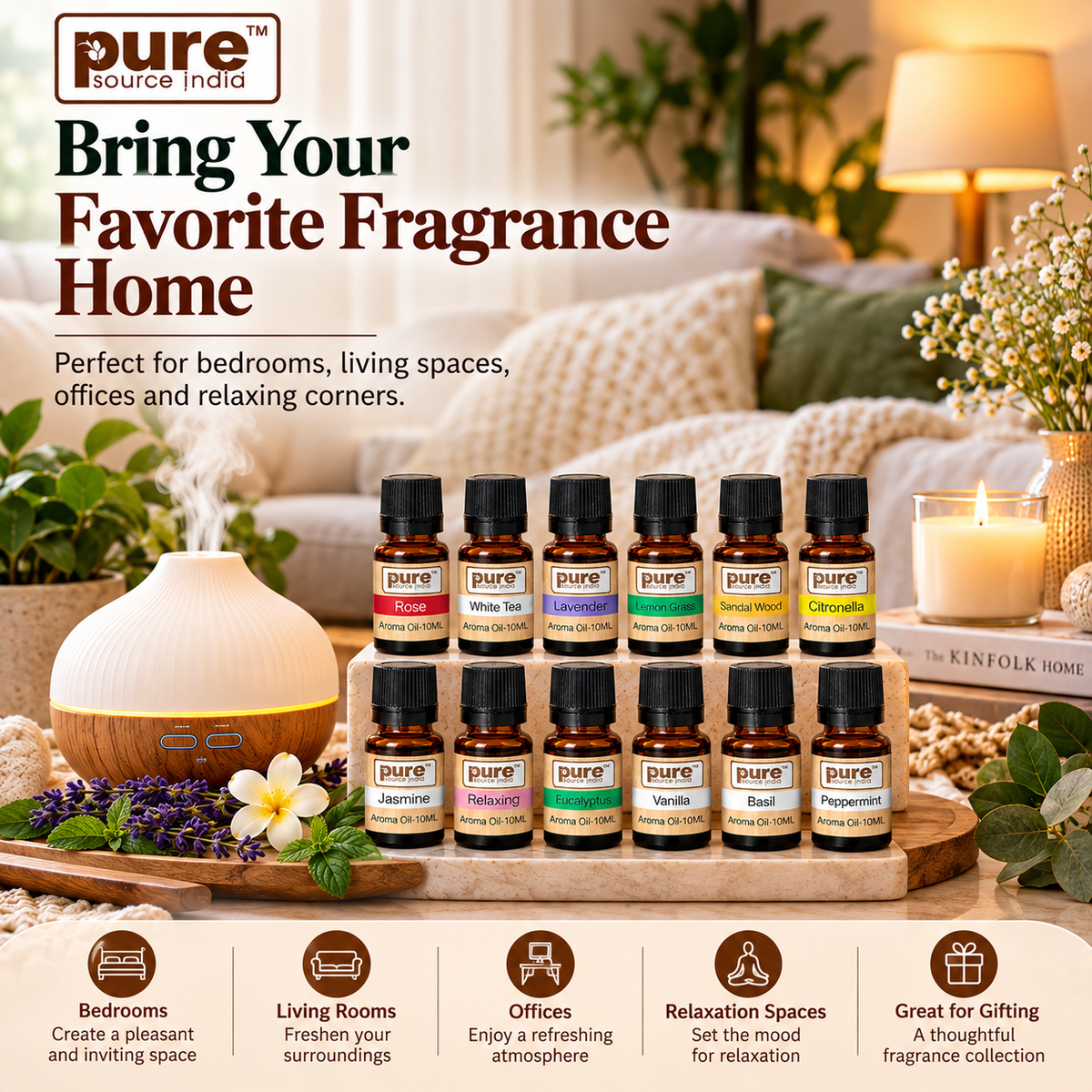 Pure Source India 12-in-1 Aroma Oil Set – 10 ml Each | 12 Fragrance Oils for Diffusers, Aroma Burners, Potpourri & Home Fragrance | Lemon Grass, Lavender, Jasmine, Rose, Citronella & More | 120 ml Total