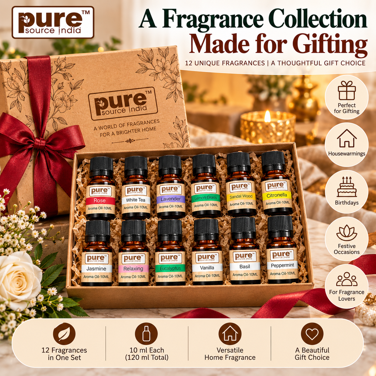 Pure Source India 12-in-1 Aroma Oil Set – 10 ml Each | 12 Fragrance Oils for Diffusers, Aroma Burners, Potpourri & Home Fragrance | Lemon Grass, Lavender, Jasmine, Rose, Citronella & More | 120 ml Total