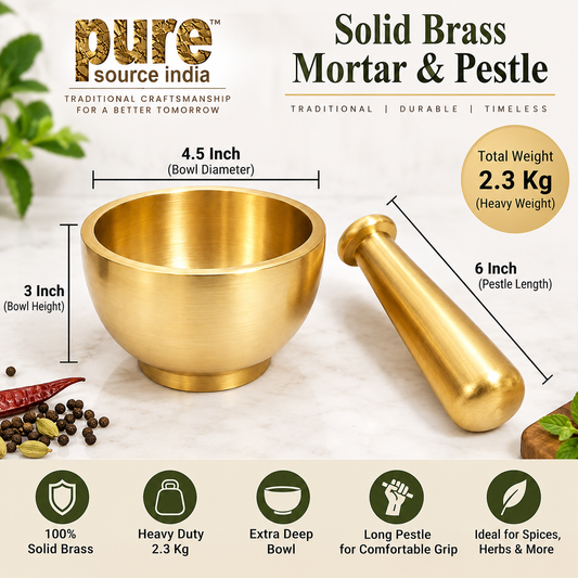 PURE SOURCE INDIA Solid Brass Mortar & Pestle – Heavy Duty Indian Spice Grinder