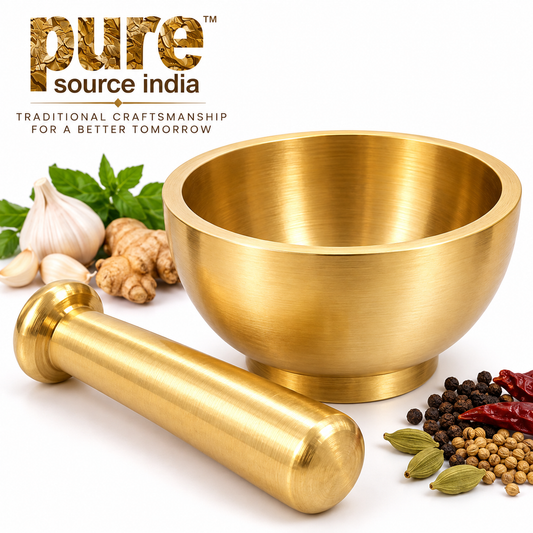 PURE SOURCE INDIA Solid Brass Mortar & Pestle | 4-Inch Spice Grinder