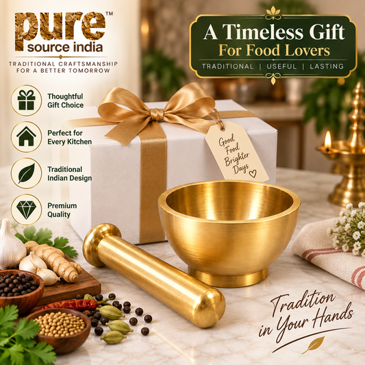 PURE SOURCE INDIA Solid Brass Mortar & Pestle | 4-Inch Spice Grinder