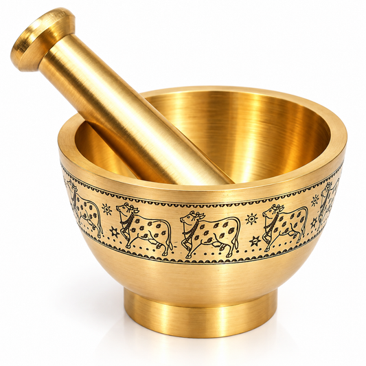 PURE SOURCE INDIA Solid Brass Kharal Musli Mortar & Pestle – 4 Inch Traditional Cow Design Spice Grinder