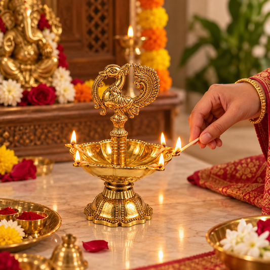 PURE SOURCE INDIA Brass Peacock Diya for Puja | Traditional Indian Oil Lamp, 10 cm x 8 cm